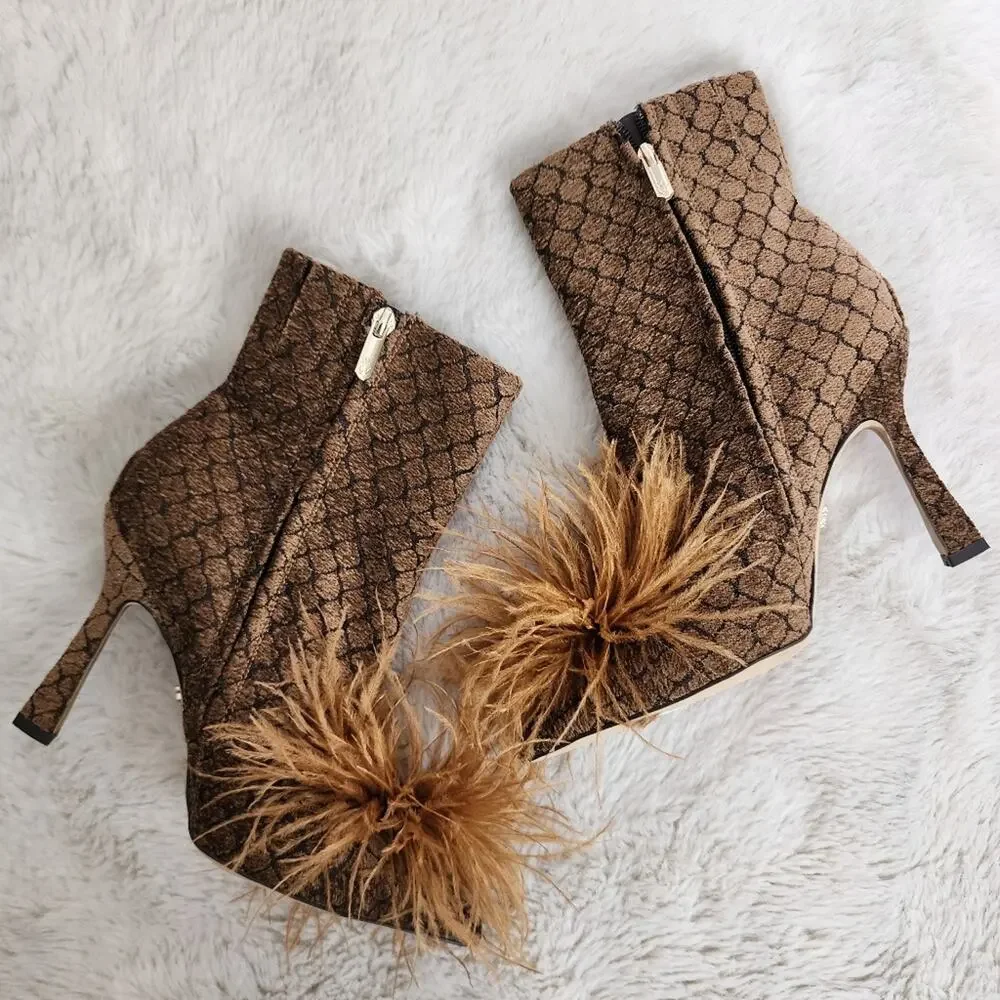 Sam Edelman Ency Feathered Ankle Booties Rhinestone Pointed Toe Brown Heeled 6.5